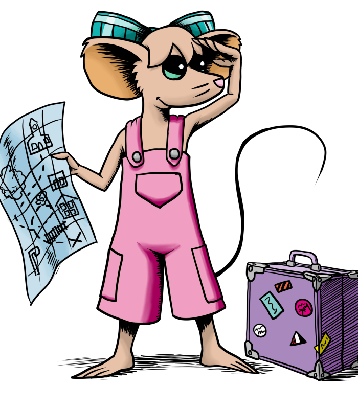 A colored drawing of Sisi the Mouse holding a map and looking into a distance, with a suitcase next to her, an intro drawing from the fifth part of the book, The Amazing Adventures of Sisi the Mouse, written by Ania Bogacka and illustrated by Mikey Arnott