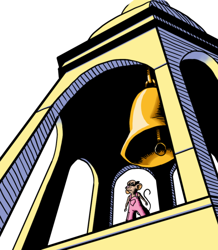 colored drawing of Sisi the Mouse standing in the church tower, an intro drawing from the second chapter of the book, The Amazing Adventures of Sisi the Mouse, written by Ania Bogacka and illustrated by Mikey Arnott